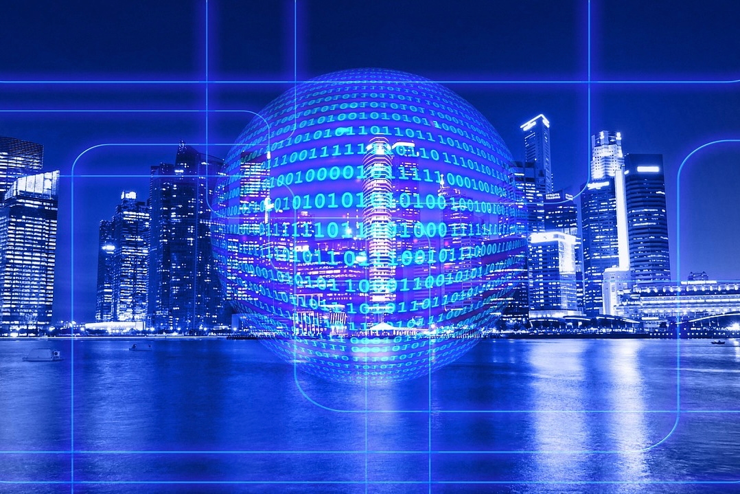 An image of digital data projected in a hologram style globe