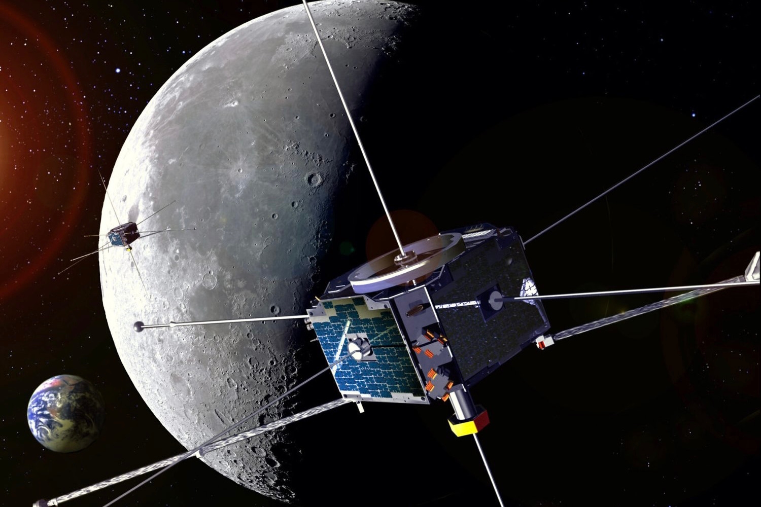An artist’s rendering of a satellite circling the moon with Earth in the background