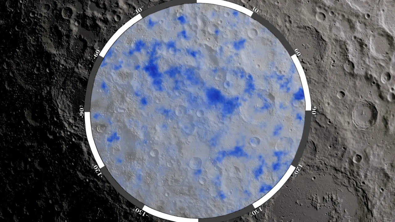 Photograph of the moon's surface with an overlay highlighting areas in blue.