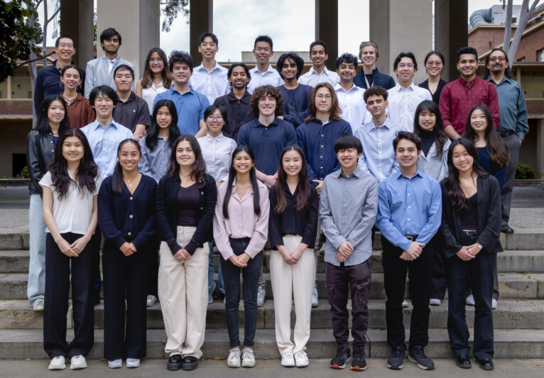 Group photo of the ELFIN student team in the court of sciences at UCLA. 34 members of the team are pictured.