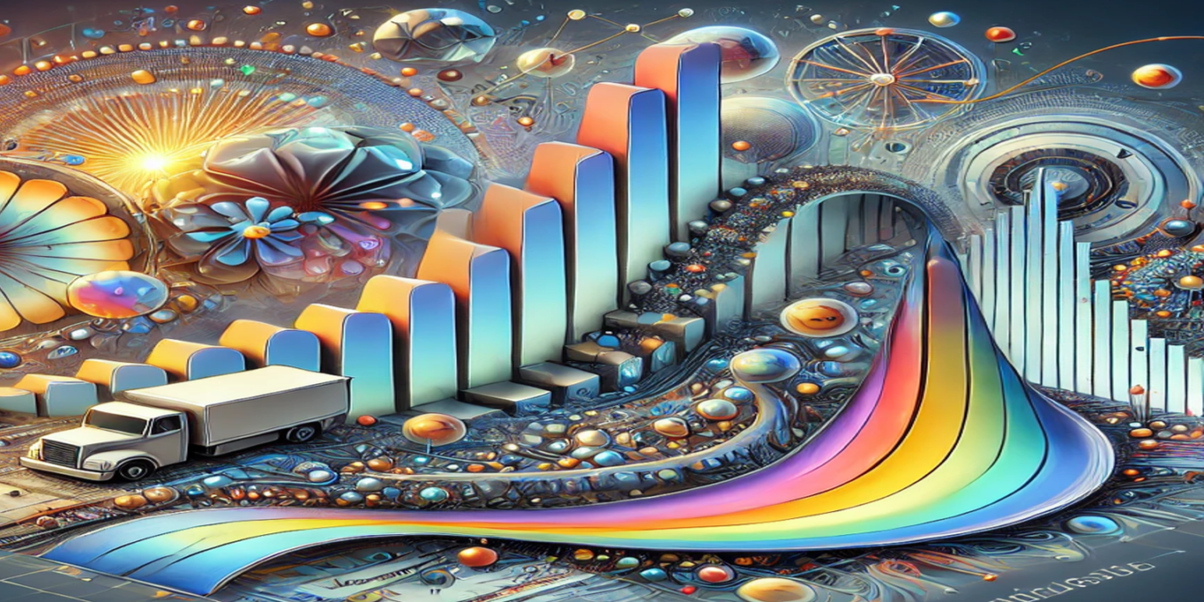 Abstract image including multiple 3-D normal distribution graphs surrounded by spheres, flowers, and a truck, all on a circuit-like surface.