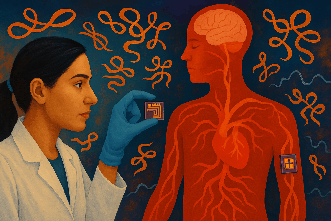 An art rendition of a scientists applying a sensor to a human body
