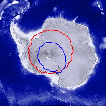 An overhead map of the entire continent of Antarctica is shown with a path traced out. The path is two roughly circular shapes with jagged edges that cover about two-thirds of the continent. The first circle is smaller and in blue, and the second circle is in red and surrounds the first one.