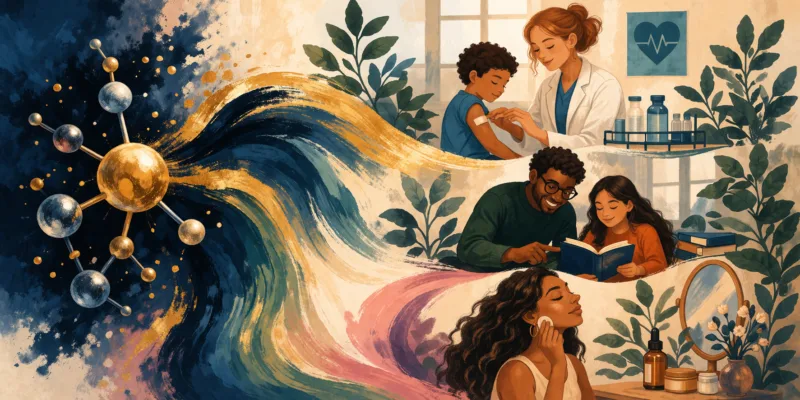 an artistic representation of chemistry flowing into various aspects of life to improve people's wellbeing