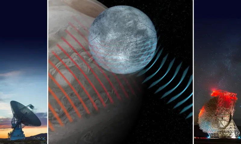 This artist's impression shows radar waves from the NASA Goldstone Solar System Radar pinging one of Jupiter’s moons, Europa. The radar waves penetrate Europa’s icy surface before bouncing back to be collected by the NSF Green Bank Telescope on Earth.