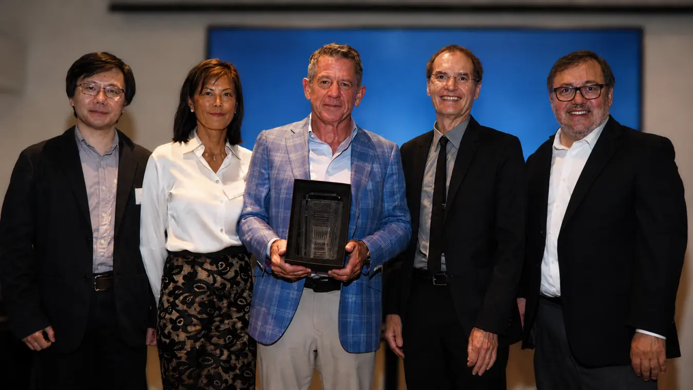 Statistics & Data Science Department Chair Qing Zhou, Huifen Dunn, Kirk Dunn, Distinguished Professor of Statistics Mark S. Handcock, Dean Miguel Garcia-Garibay.