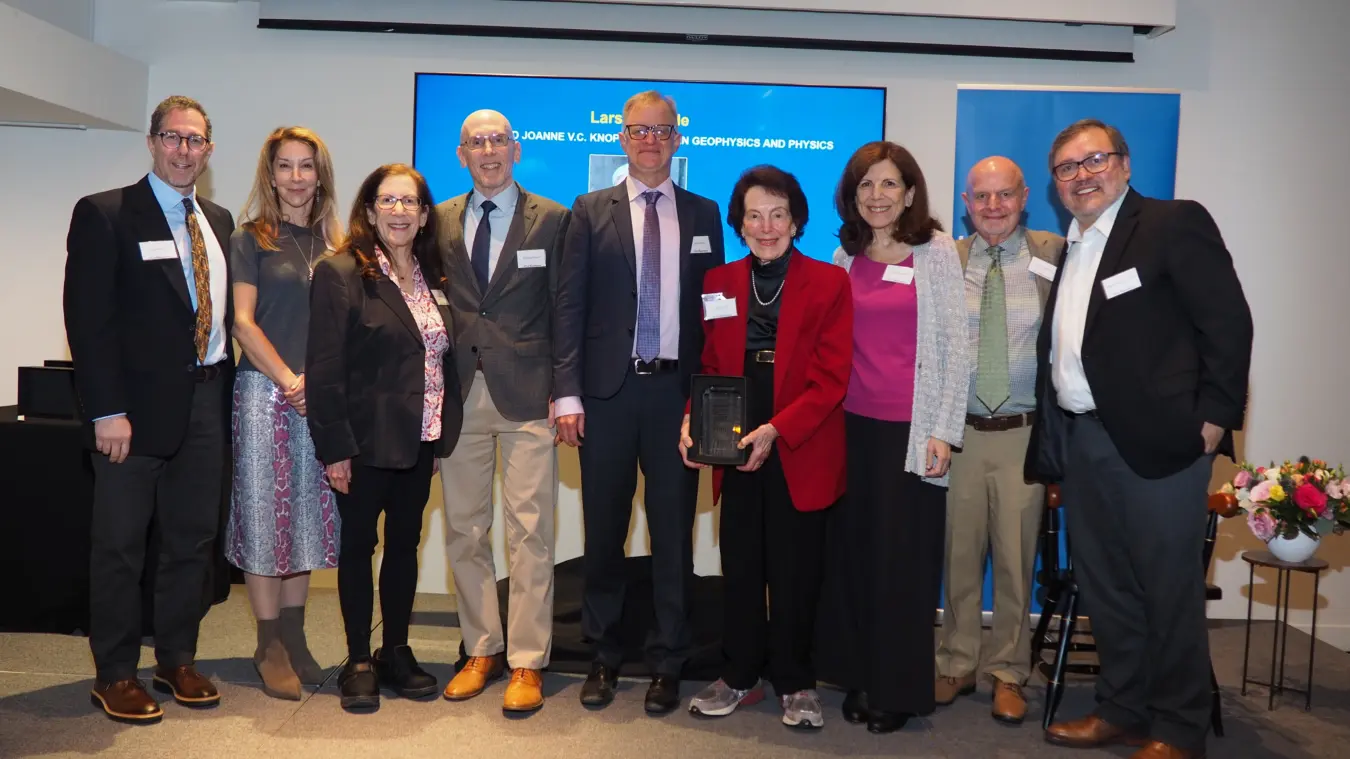 Earth, Planetary & Space Sciences Department Chair Jonathan Aurnou, Kristen Biggie, Katie Wadley, Michael Knopoff, Professor Lars Stixrude, Joanne Knopoff, Rachel Knopoff, Russ Dickerson, Dean Miguel Garcia-Garibay.