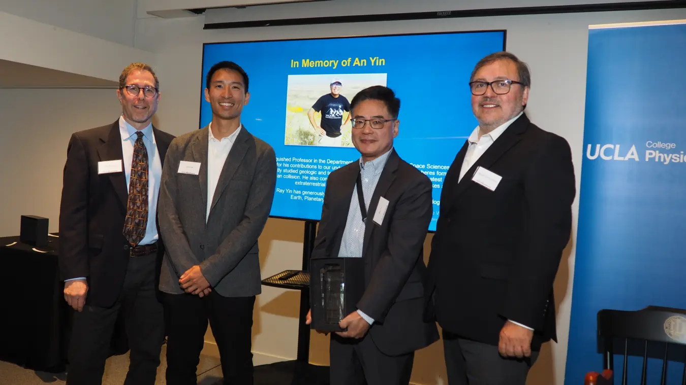 Earth, Planetary & Space Sciences Department Chair Jonathan Aurnou, Assistant Professor John He, Ray Yin, Dean Miguel Garcia-Garibay.